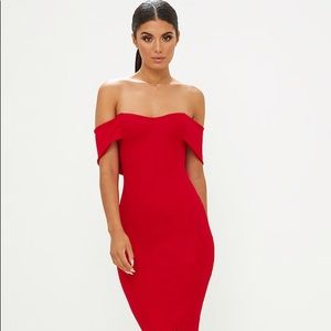 Red Longline Bardot Midi Dress